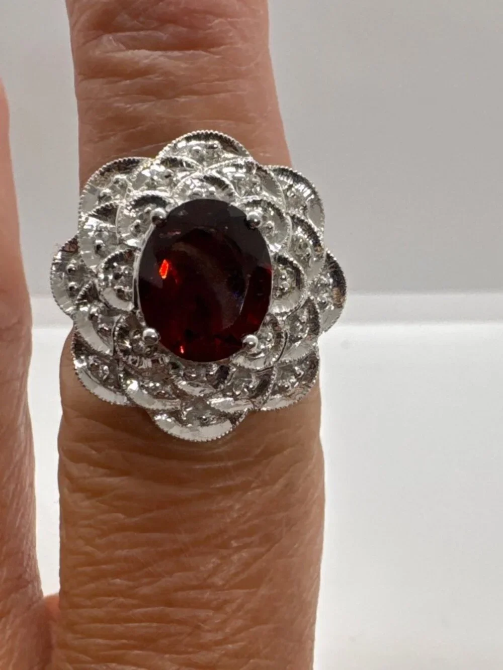 Sterling Silver Garnet Type Ring 925 India Floral Halo Cocktail Size 8 Romantic